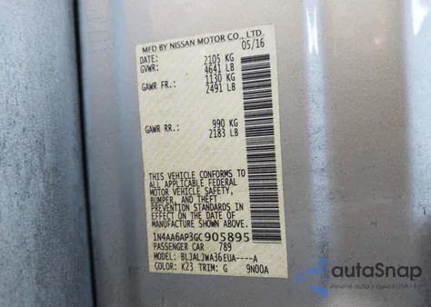 2016 Nissan Maxima 3.5 Sv from USA, damaged, VIN 1N4AA6AP3GC905895